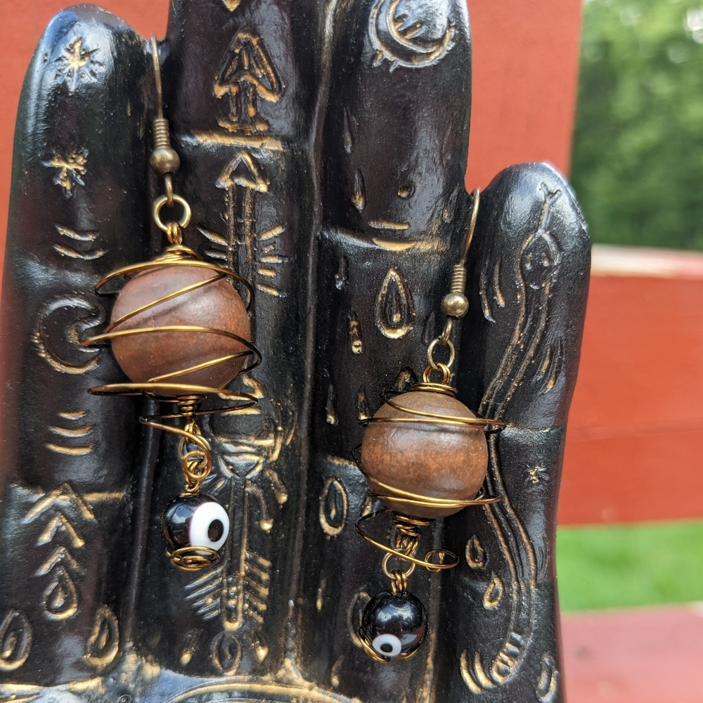 Evil Eye Earrings Brown Wood Spheres Beads Brass Steampunk Spiral Handmade Art